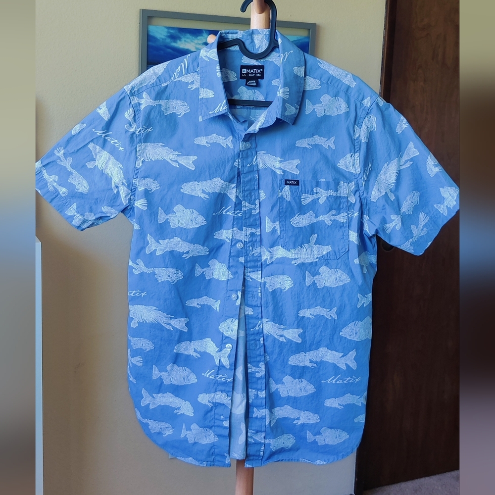 Matix Blue Fish Pattern Casual Button  Up Shirt